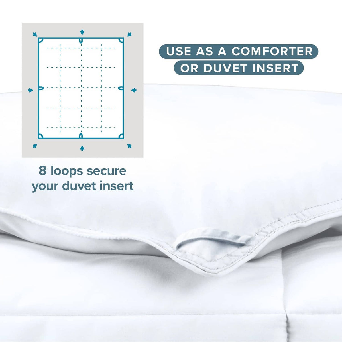 White down-alternative comforter showing corner loops to secure a duvet insert