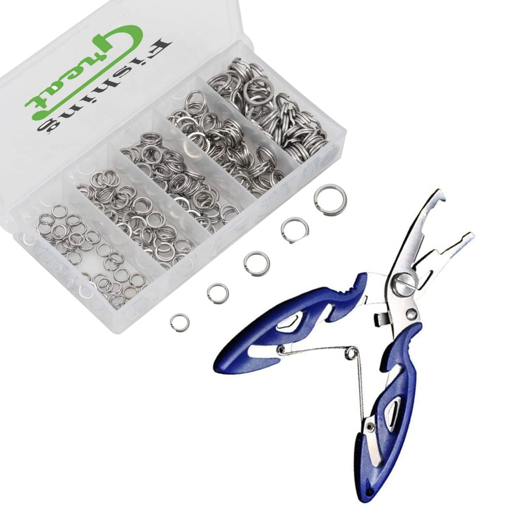 Stainless steel split fishing rings in plastic organizer tray, with blue split-ring tool