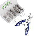 Stainless steel split fishing rings in plastic organizer tray, with blue split-ring tool