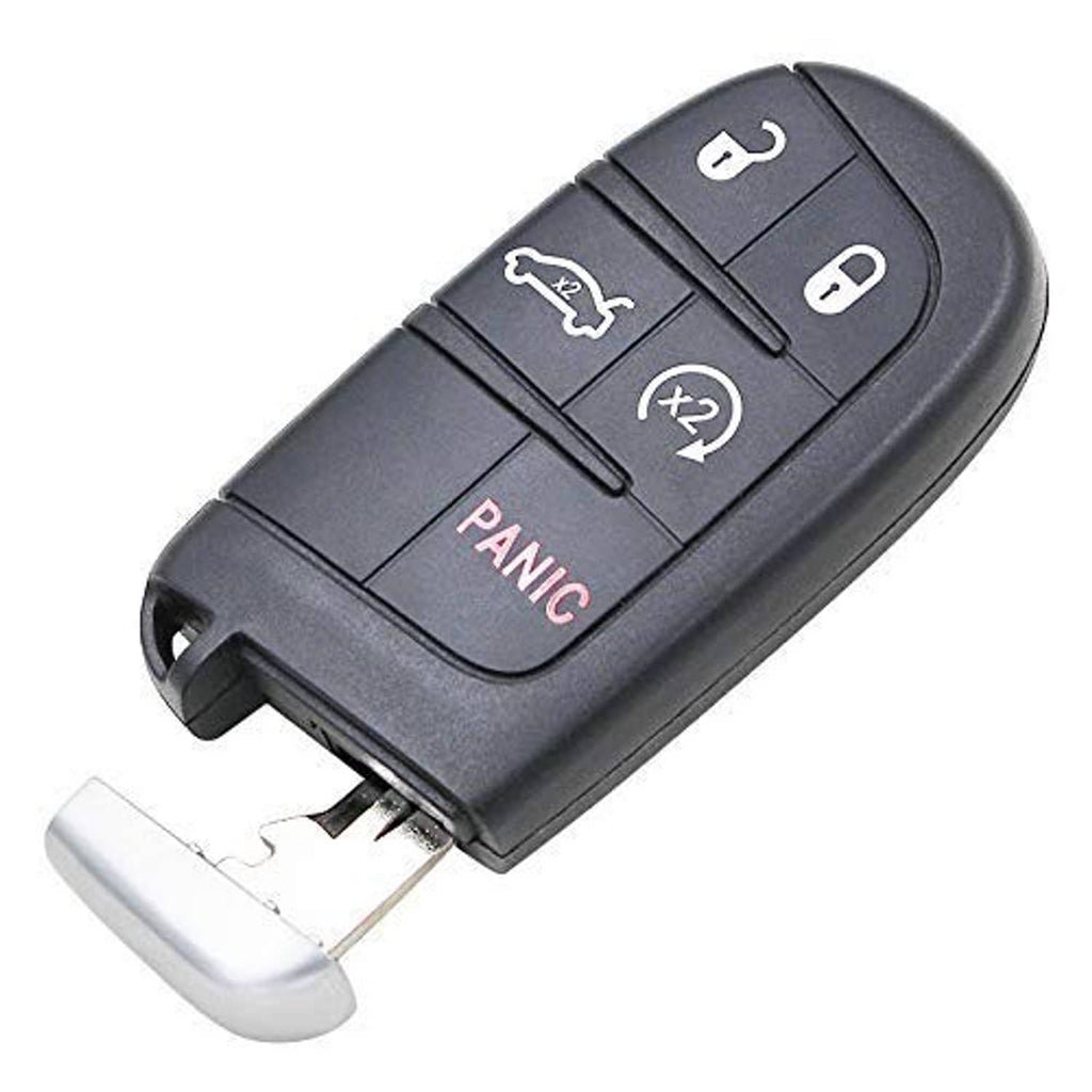 Dark gray keyless car remote fob with metal key blade inserted; lock, unlock, PANIC.