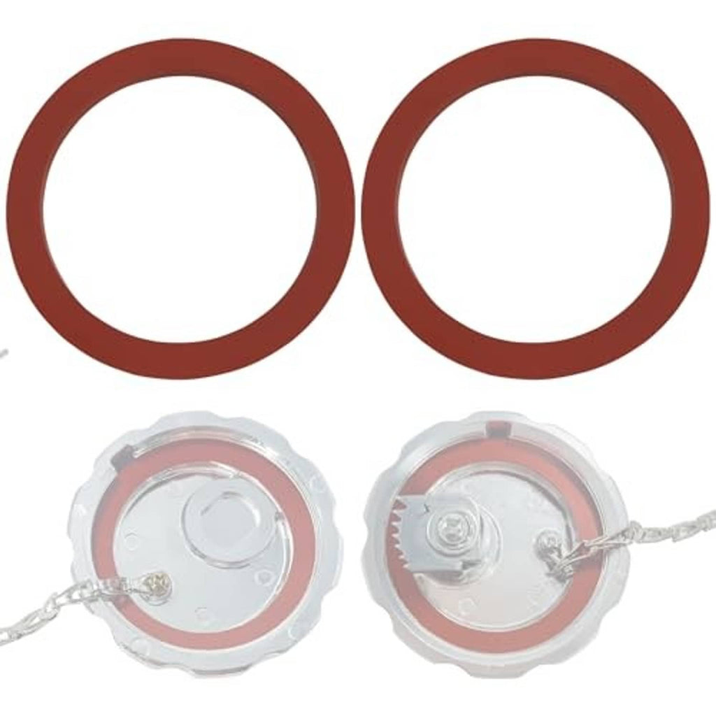 Fuel tank cap gasket set with two red circular seals and two silver caps with chain.