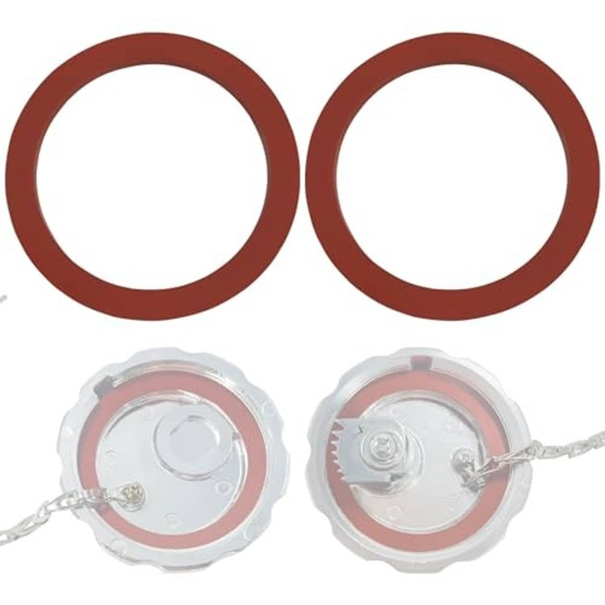 Fuel tank cap gasket set with two red circular seals and two silver caps with chain.
