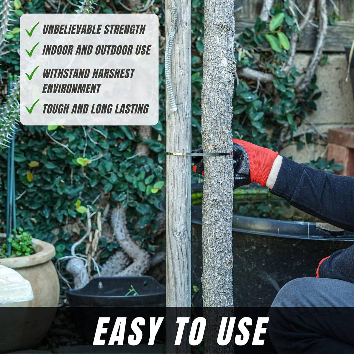 Metal zip ties securing two metal fence posts outdoors for long-lasting fastening