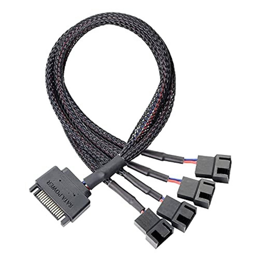 Braided black SATA fan splitter cable with 15-pin SATA plug and four separate fan plugs