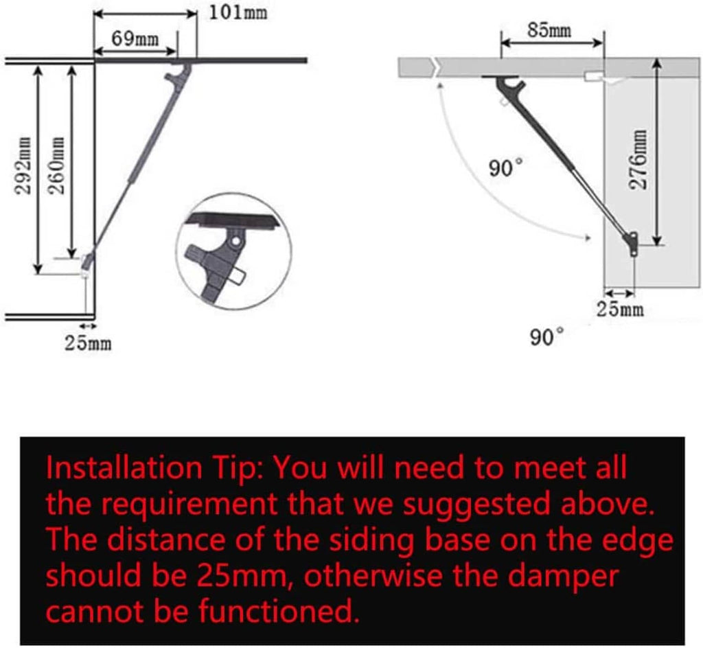 Installation diagram for black gas strut with bracket mounting measurements