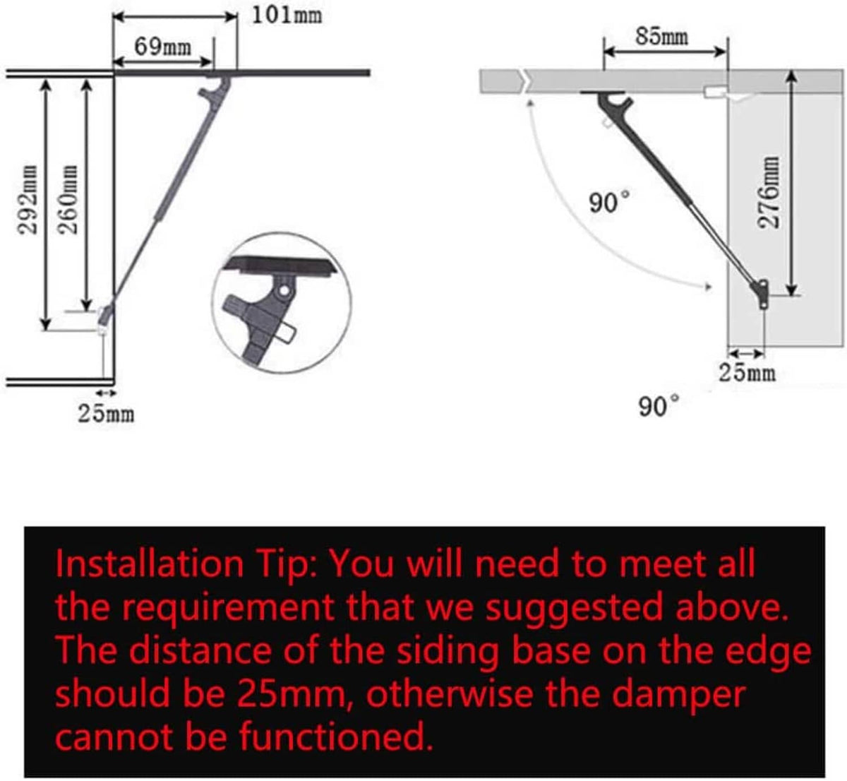 Installation diagram for black gas strut with bracket mounting measurements