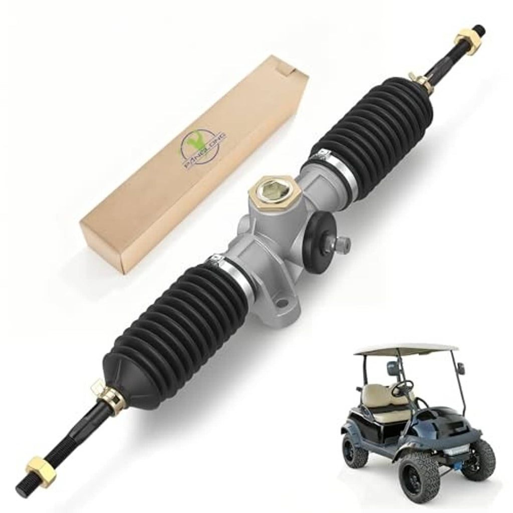 Steering rack assembly with black accordion boots and silver housing, visible ends