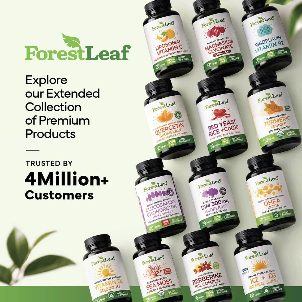 ForestLeaf supplement bottle assortment display featuring multiple product labels