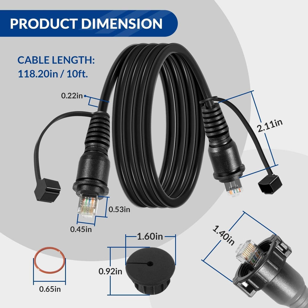Black 10FT marine RJ45 cable with dimensions and RJ45 connector end details