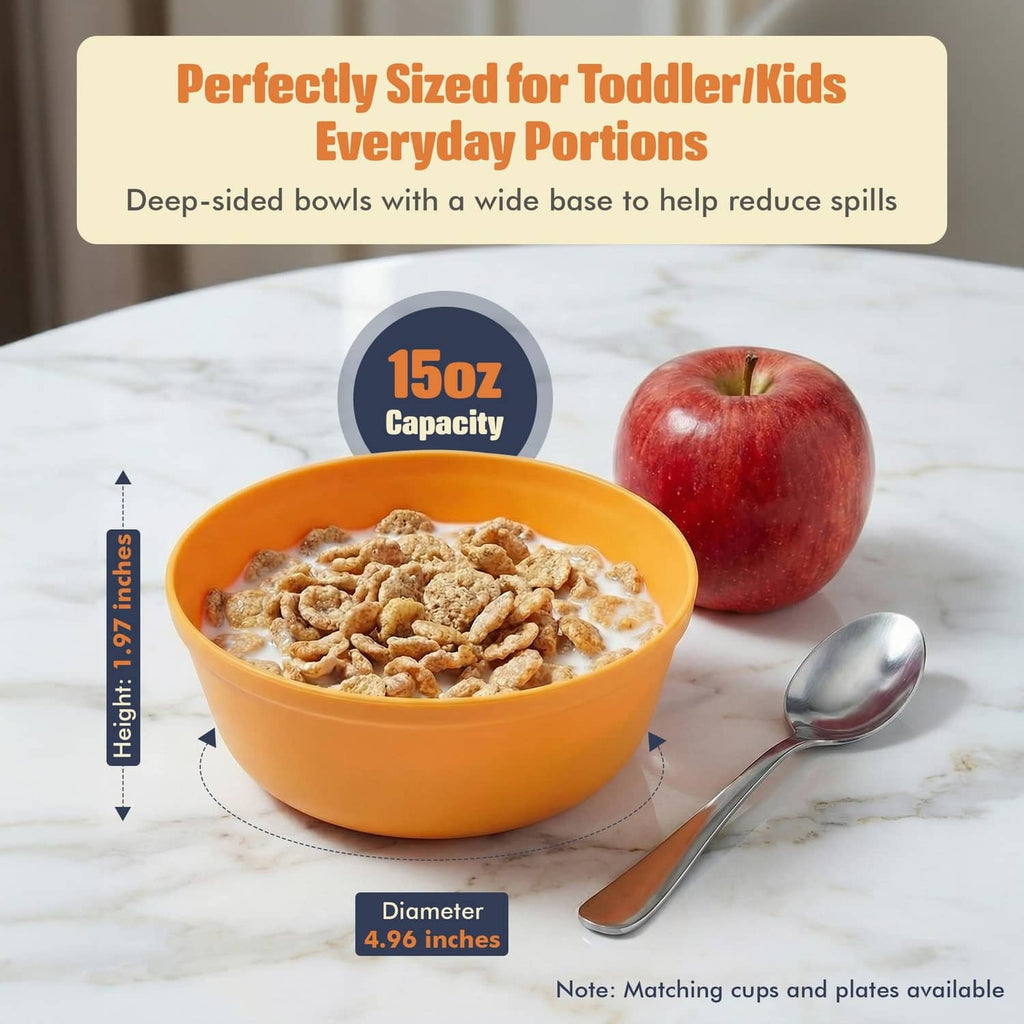 Orange deep plastic bowl, wide base and 15 oz capacity for toddler portions.