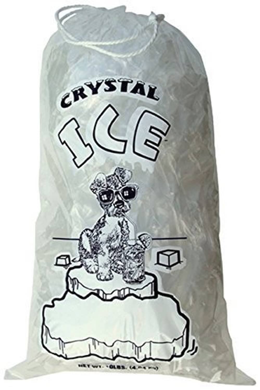 Clear plastic ice bag with cotton drawstring, CRYSTAL ICE printed on front