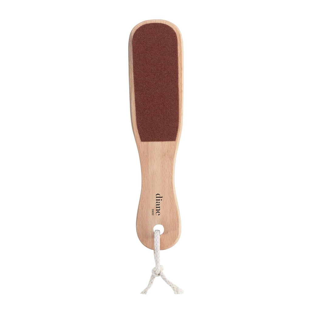 Double-sided wooden foot file with brown abrasive pad and hanging loop