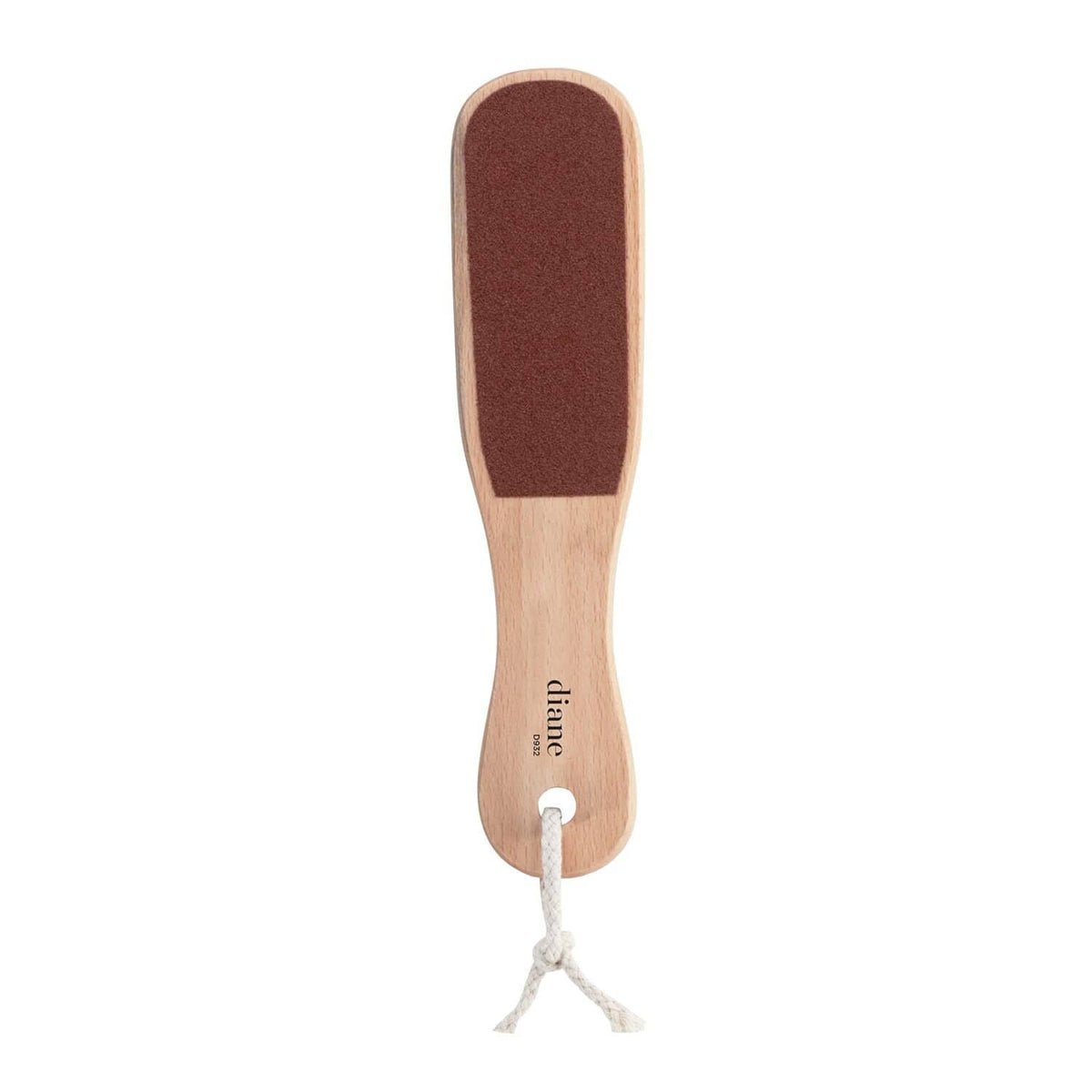 Double-sided wooden foot file with brown abrasive pad and hanging loop