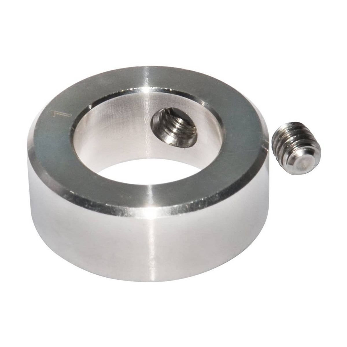 Stainless steel shaft collar ring with open bore and protruding threaded set screw