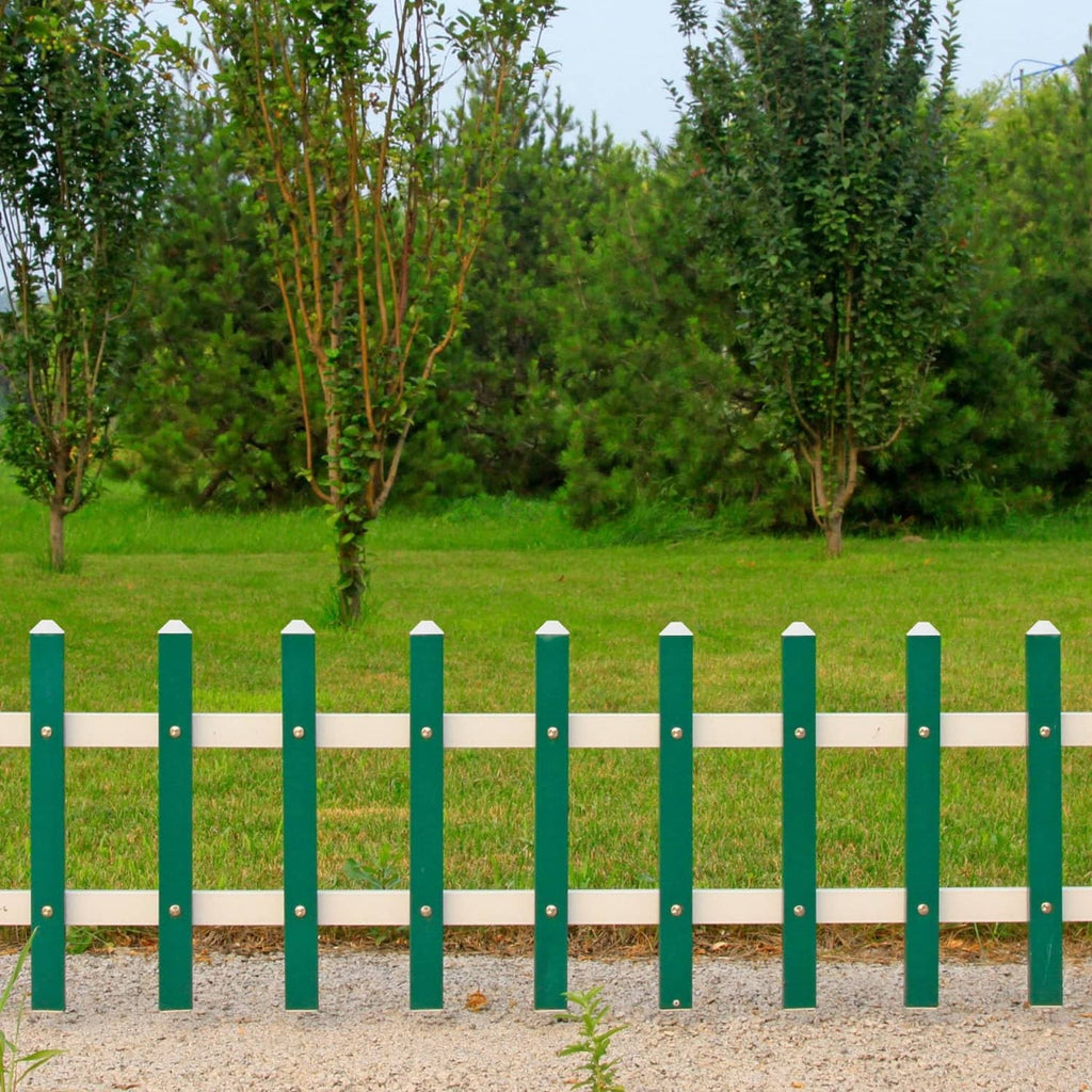 White vinyl dog-ear picket fence caps on a full fence row of posts