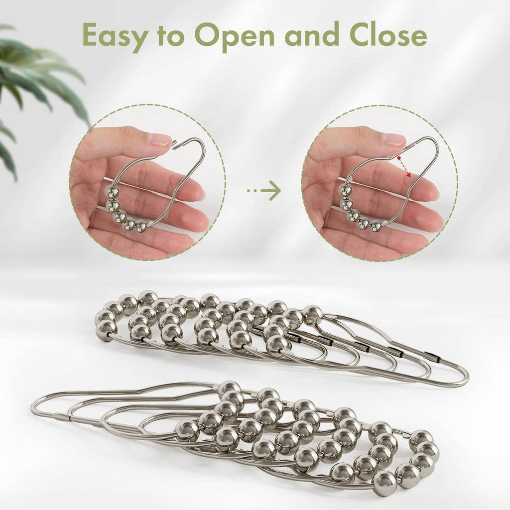 Polished nickel shower curtain hooks set shown with bead tops and curved metal bodies