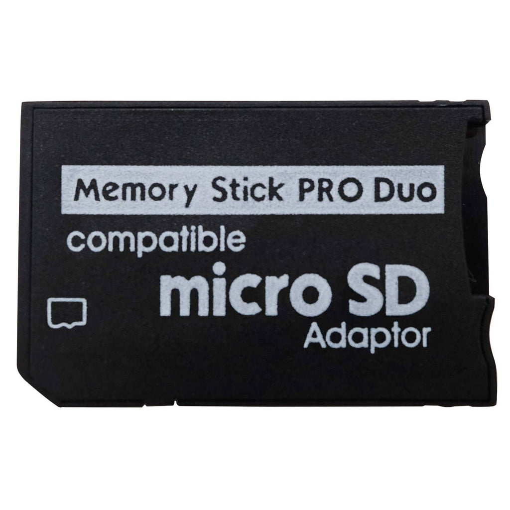 Black microSD adaptor for Memory Stick PRO Duo, compatibility text on the face.