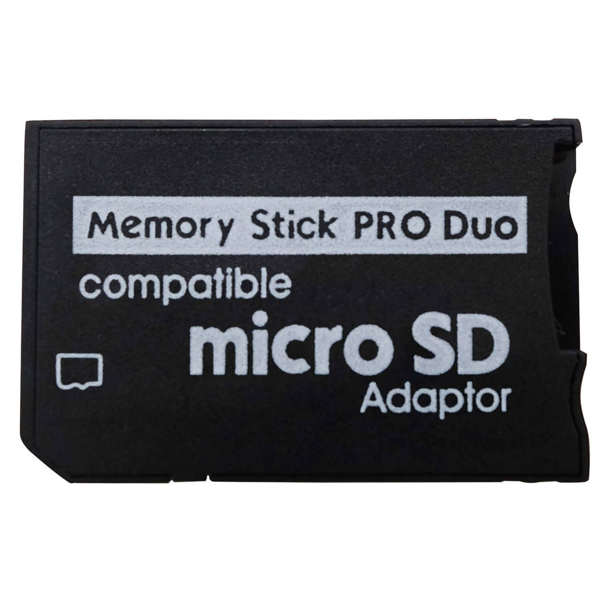 Black microSD adaptor for Memory Stick PRO Duo, compatibility text on the face.