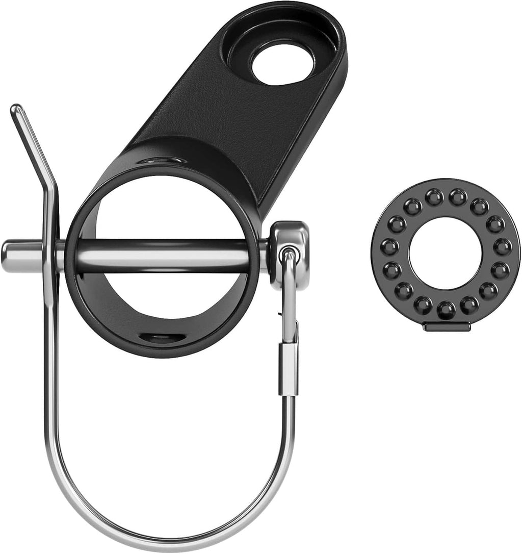 Black bike trailer hitch coupler with round mounting ring and lock pin