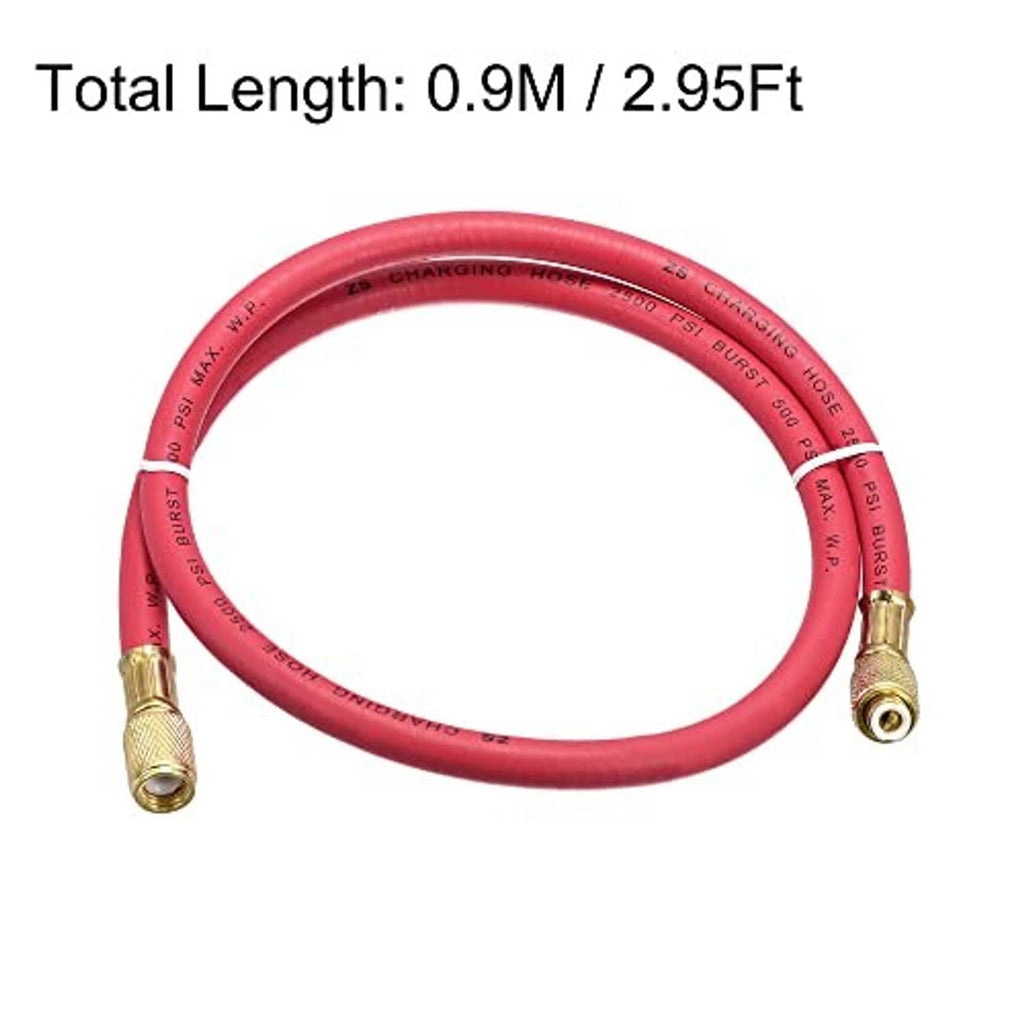 Red refrigerant charging hose, 0.9M (2.95ft) length, brass fittings at ends