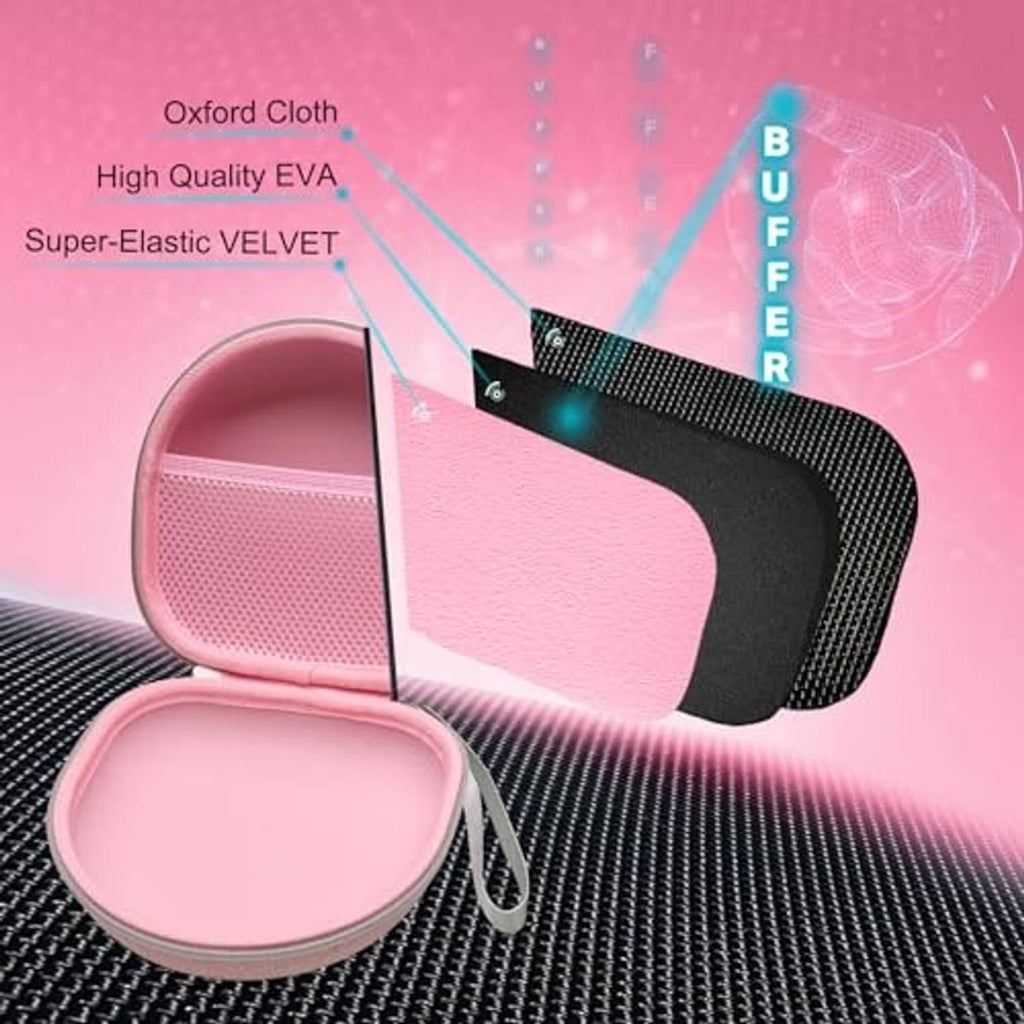 Pink kids headphone case with textured fabric shell and zipper closure, shown open with earbuds.