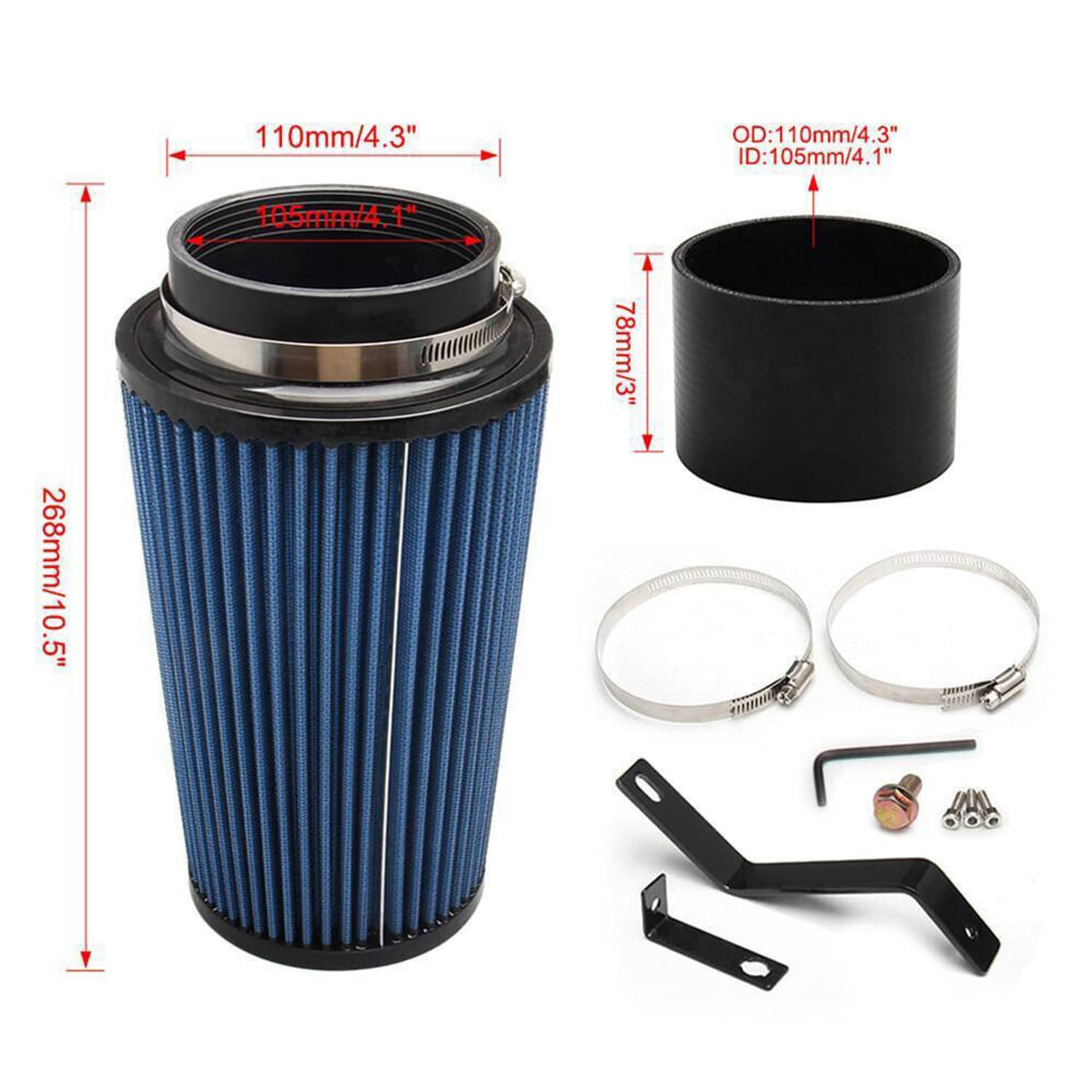 Blue pleated air filter cylinder with black base, plus intake tubes and stainless clamp bands