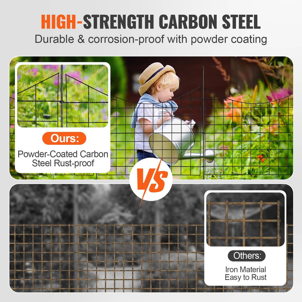 Black carbon steel garden fence grid panel with rounded top and protective coating close-up