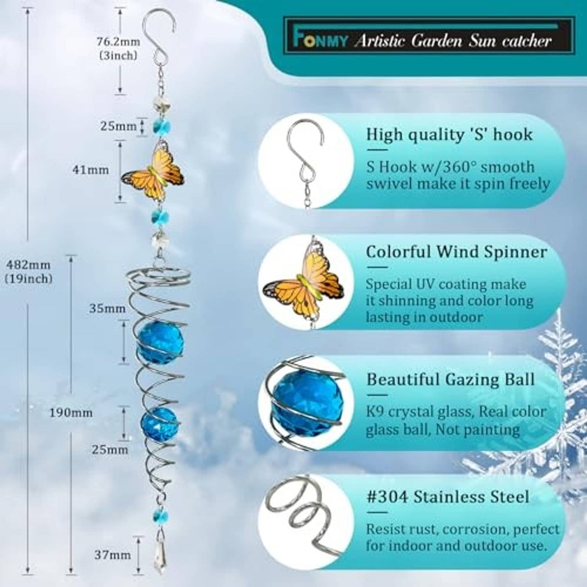 Butterfly wind spinner sun catcher with stainless spiral, blue gazing balls, and hanging crystals