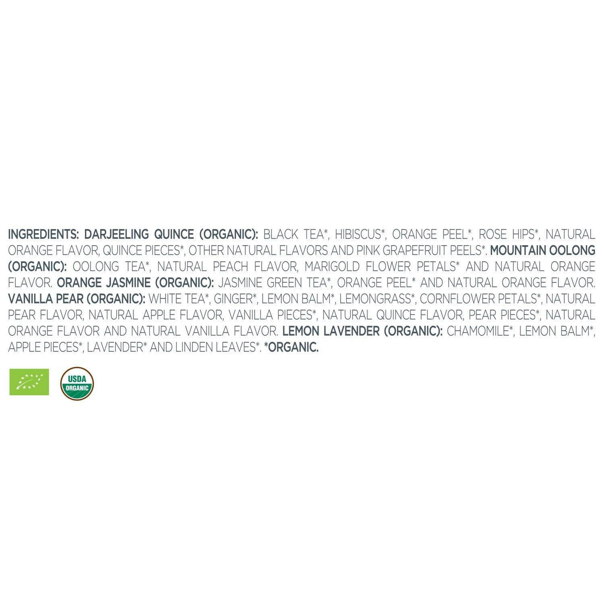 Back label listing ingredients for assorted loose leaf tea blends