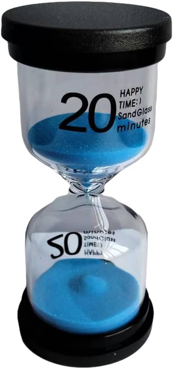 Glass hourglass with blue sand, black cap, 20 over 50 minutes markings