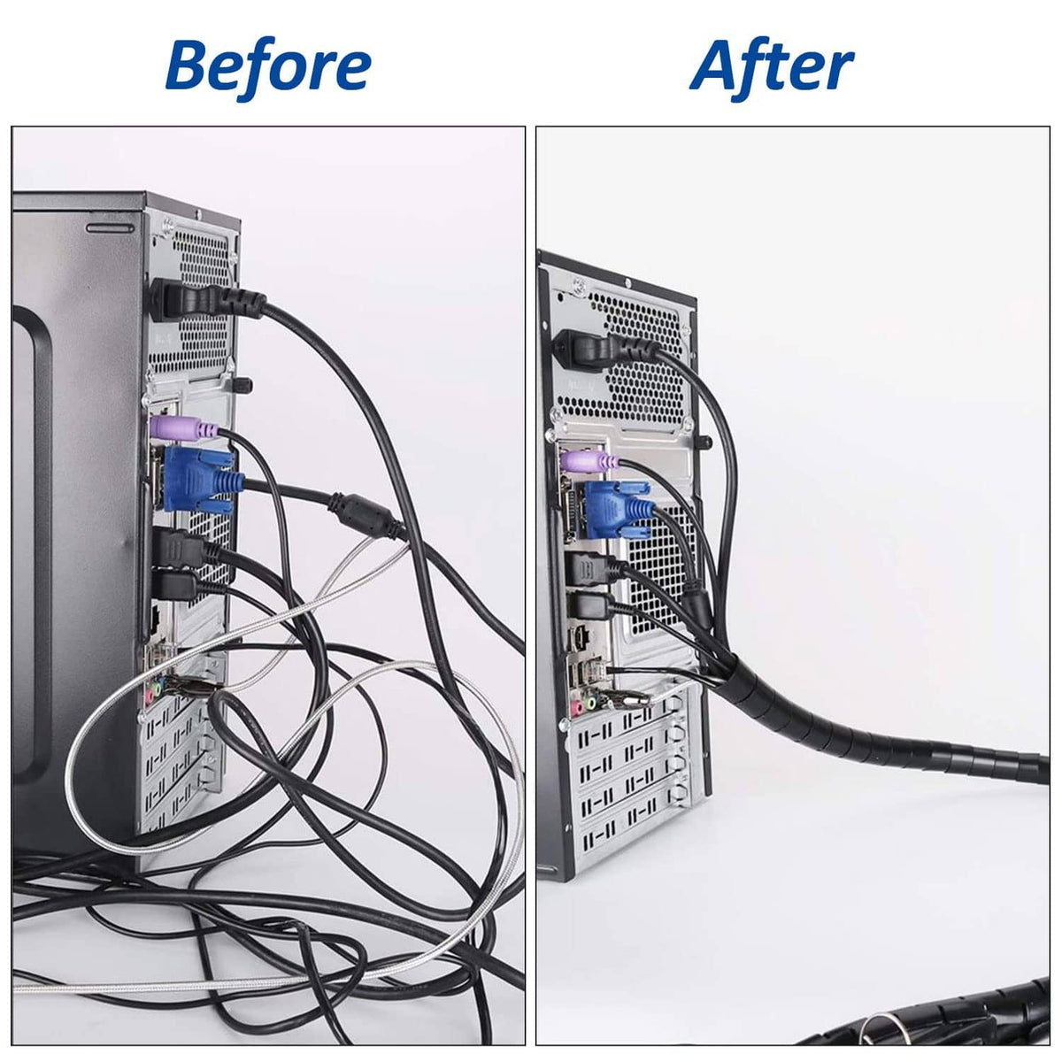 Black spiral cable wrap on a cable bundle, shown before-and-after installation