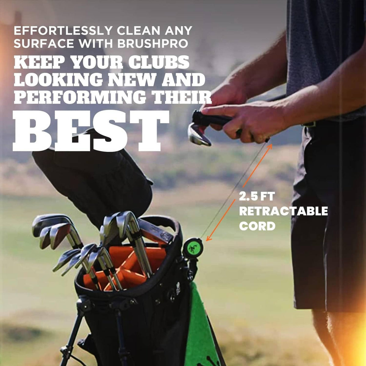 Golf club cleaner with retractable cord at the golf bag, ready to brush club faces