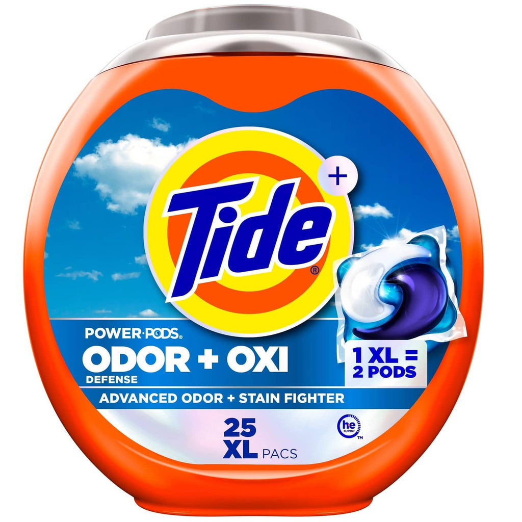 Tide Power-Pods Odor + Oxi laundry detergent pacs, orange canister, 25-count