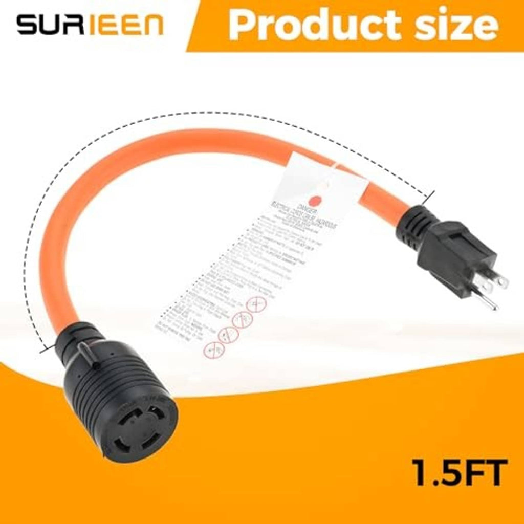 1.5 ft orange adapter cord with black molded NEMA 5-15P plug and L14-30R plug