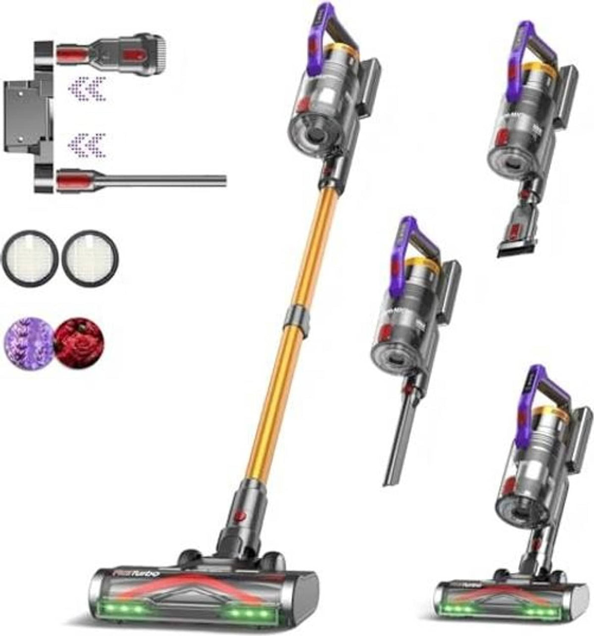 Cordless stick vacuum cleaner set with purple/gray body, green-lit floor nozzle, and tools