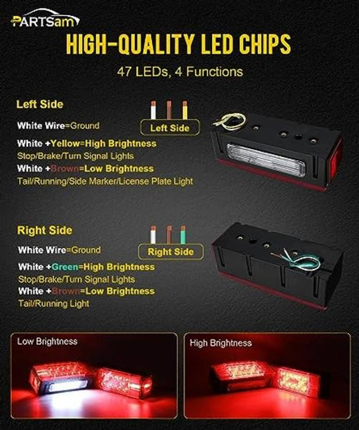 Black low-profile LED trailer lights with red lenses and white light bar