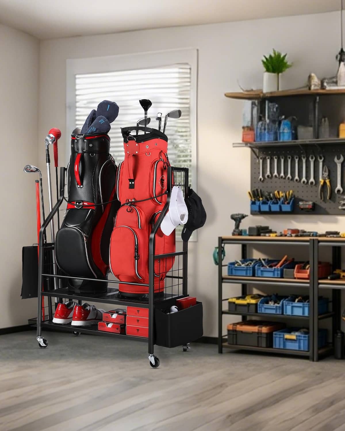 Wheeled golf bag storage rack with two bags and accessory shelves, garage setup
