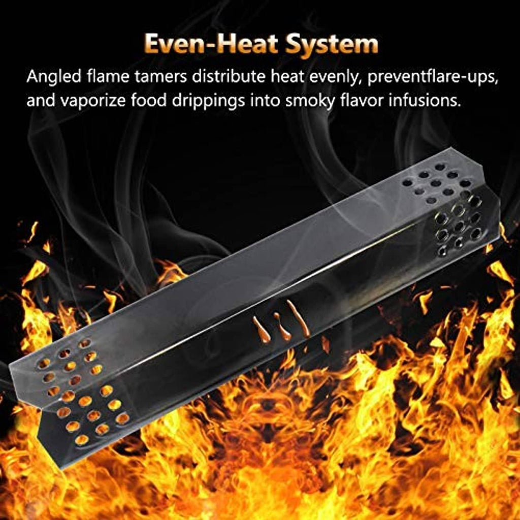 Angled gas grill burner bar with black perforated plate for even heat distribution