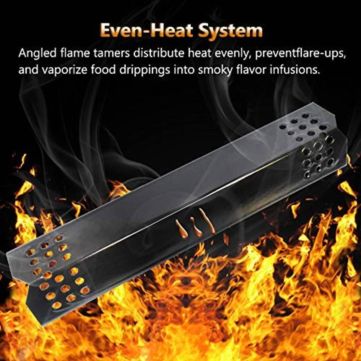 Angled gas grill burner bar with black perforated plate for even heat distribution