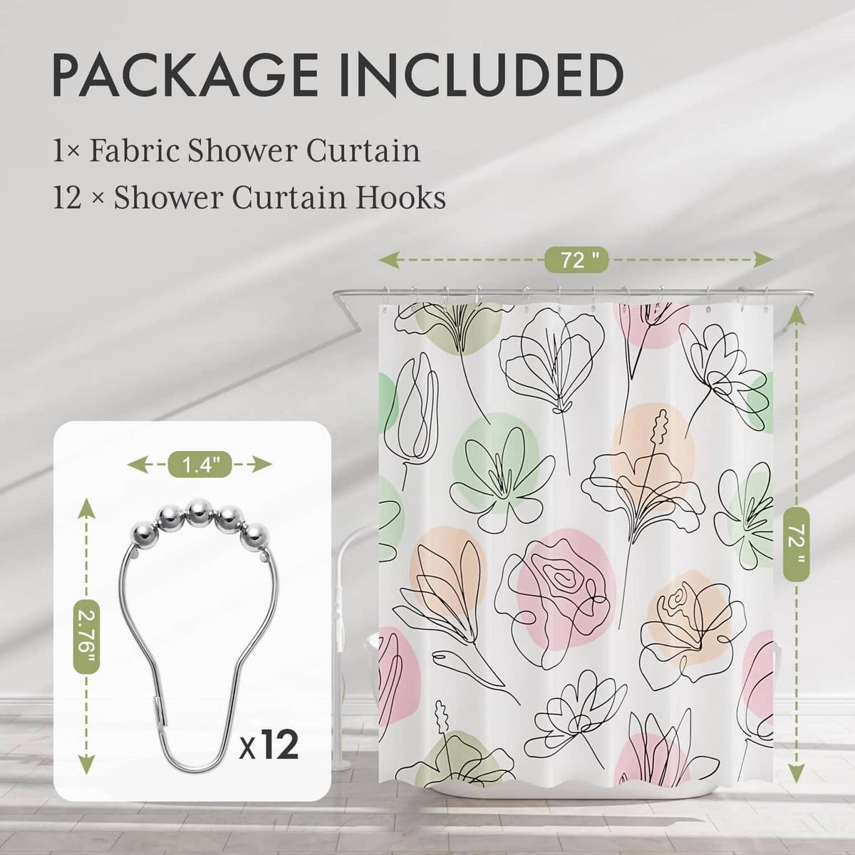 Shower curtain set showing the fabric curtain and 12 metal hooks