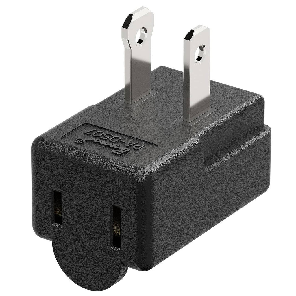 Black 2-prong right-angle AC adapter with upward angled plug