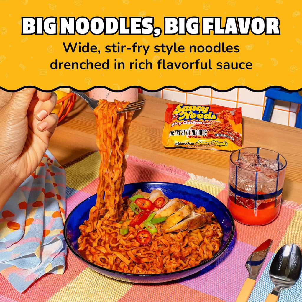 Saucy Noods spicy chicken noodle bowl with forkful noodles and pouch