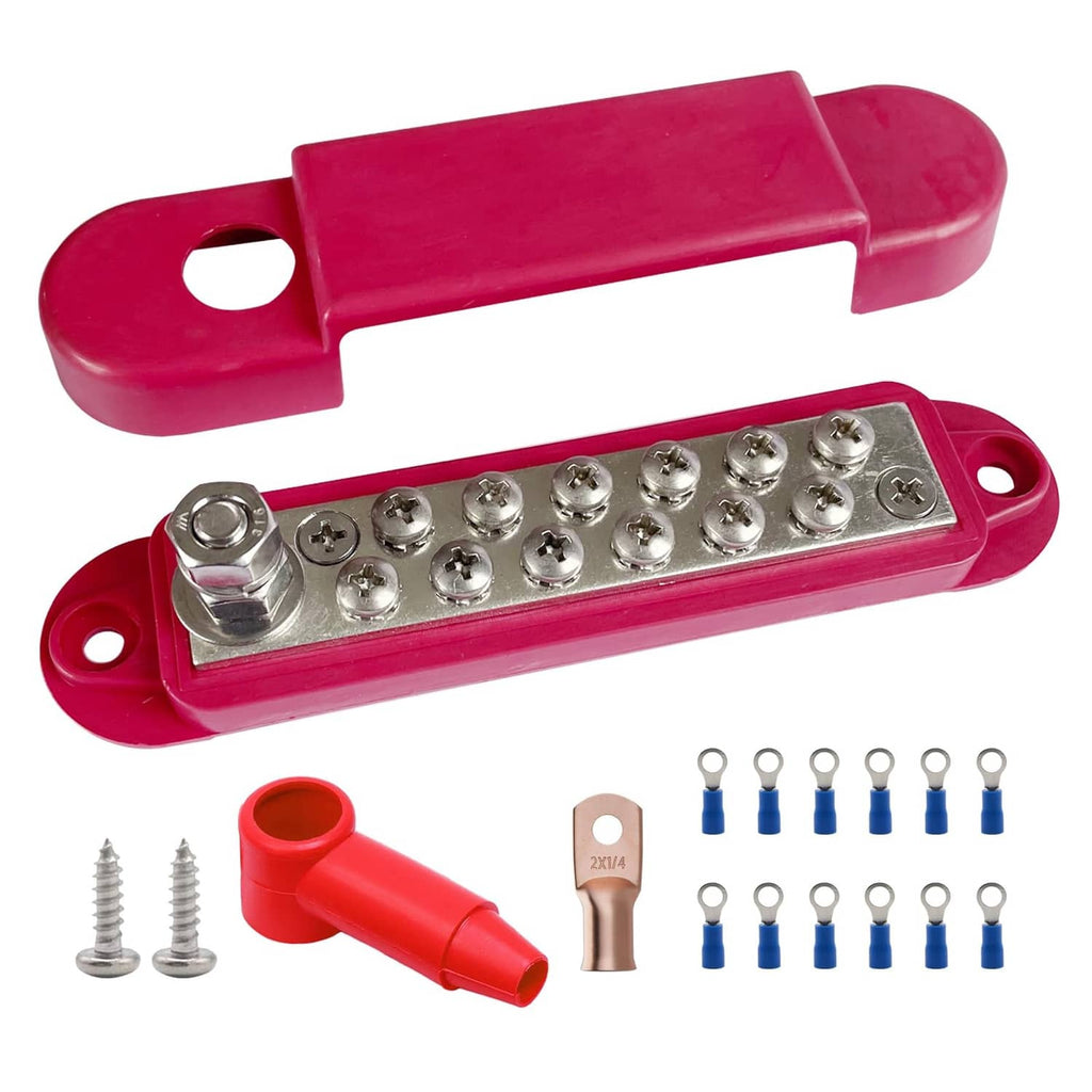 Red power distribution bus bar kit with silver studs, lug connectors, and hardware