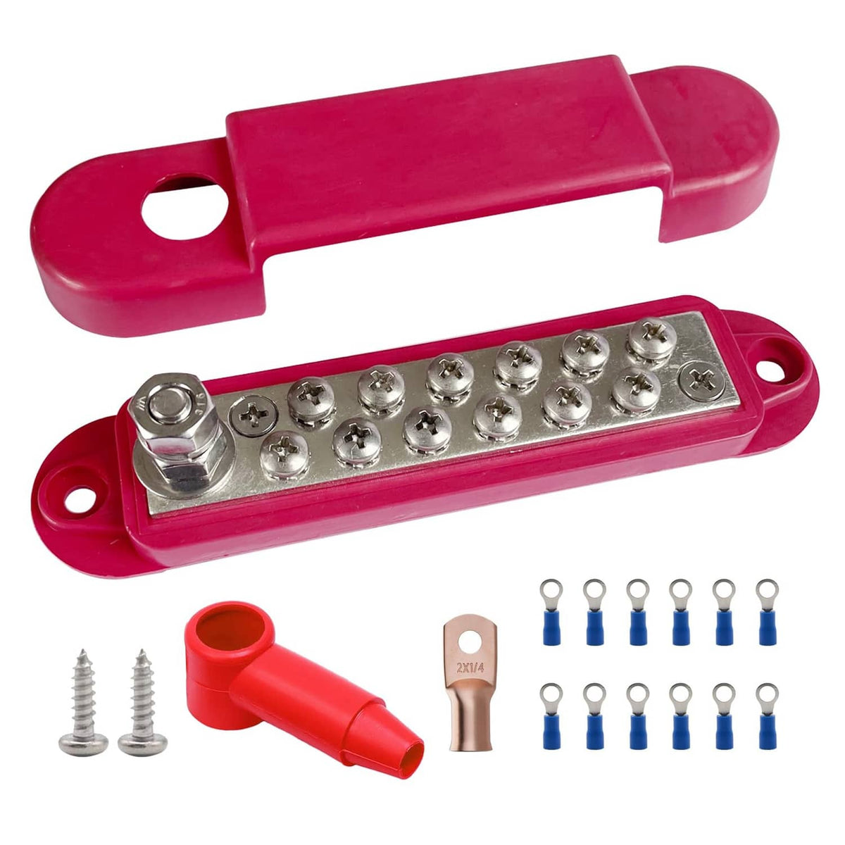 Red power distribution bus bar kit with silver studs, lug connectors, and hardware