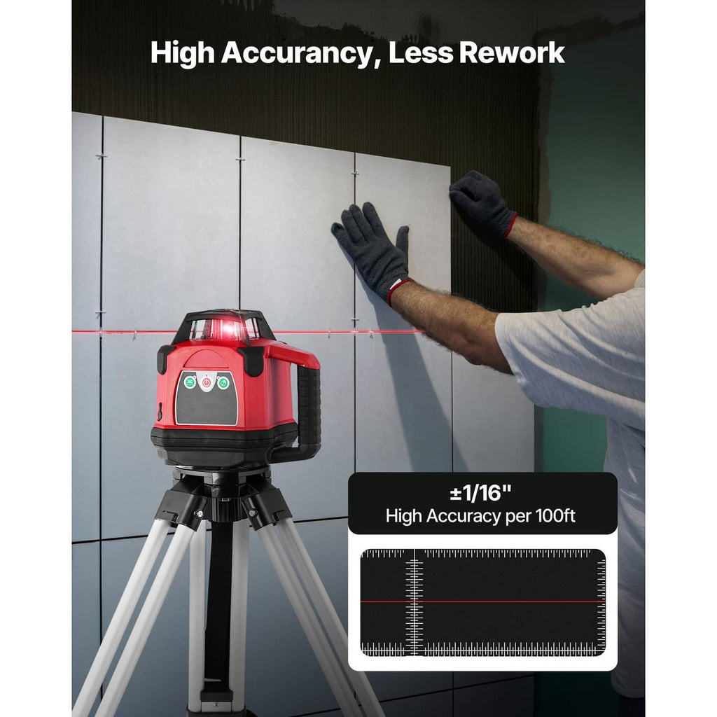 Red rotary laser level on tripod with laser line on wall for accurate leveling