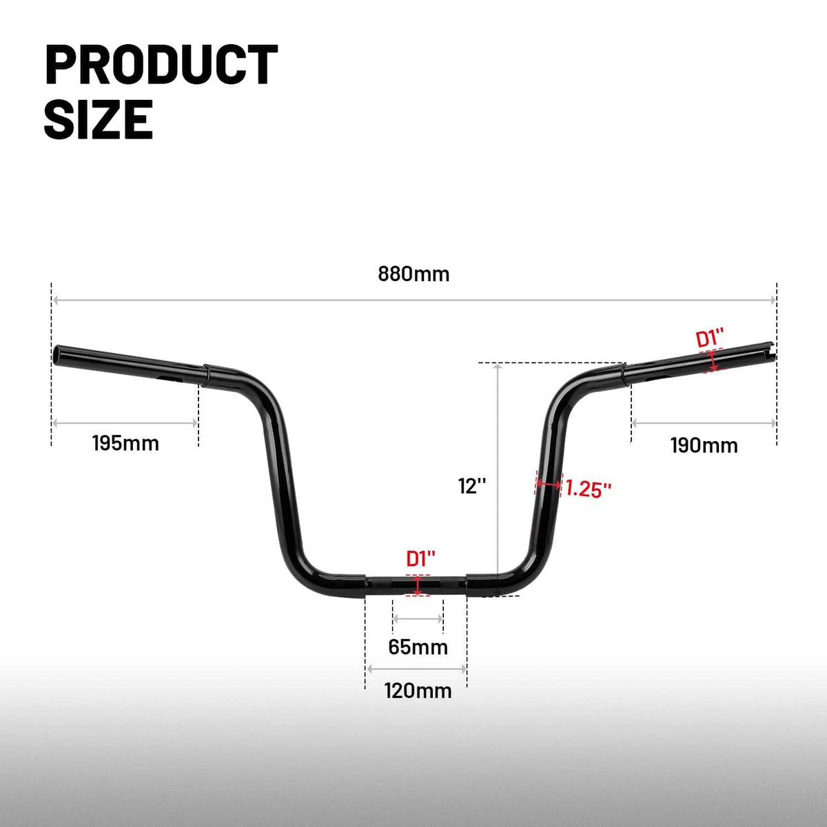 Black 12-inch ape hanger handlebar size diagram with labeled measurements