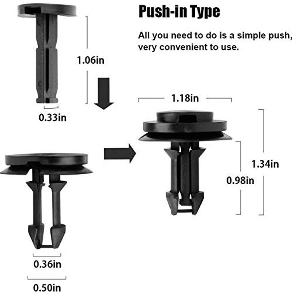 Push-in type black retainer clips with grommets and size labels