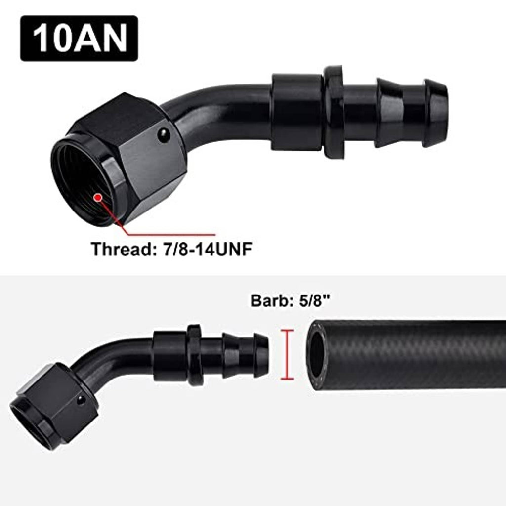 Black 45-degree push-lock fitting, 10AN; 7/8-14UNF thread; 5/8 in barbed end