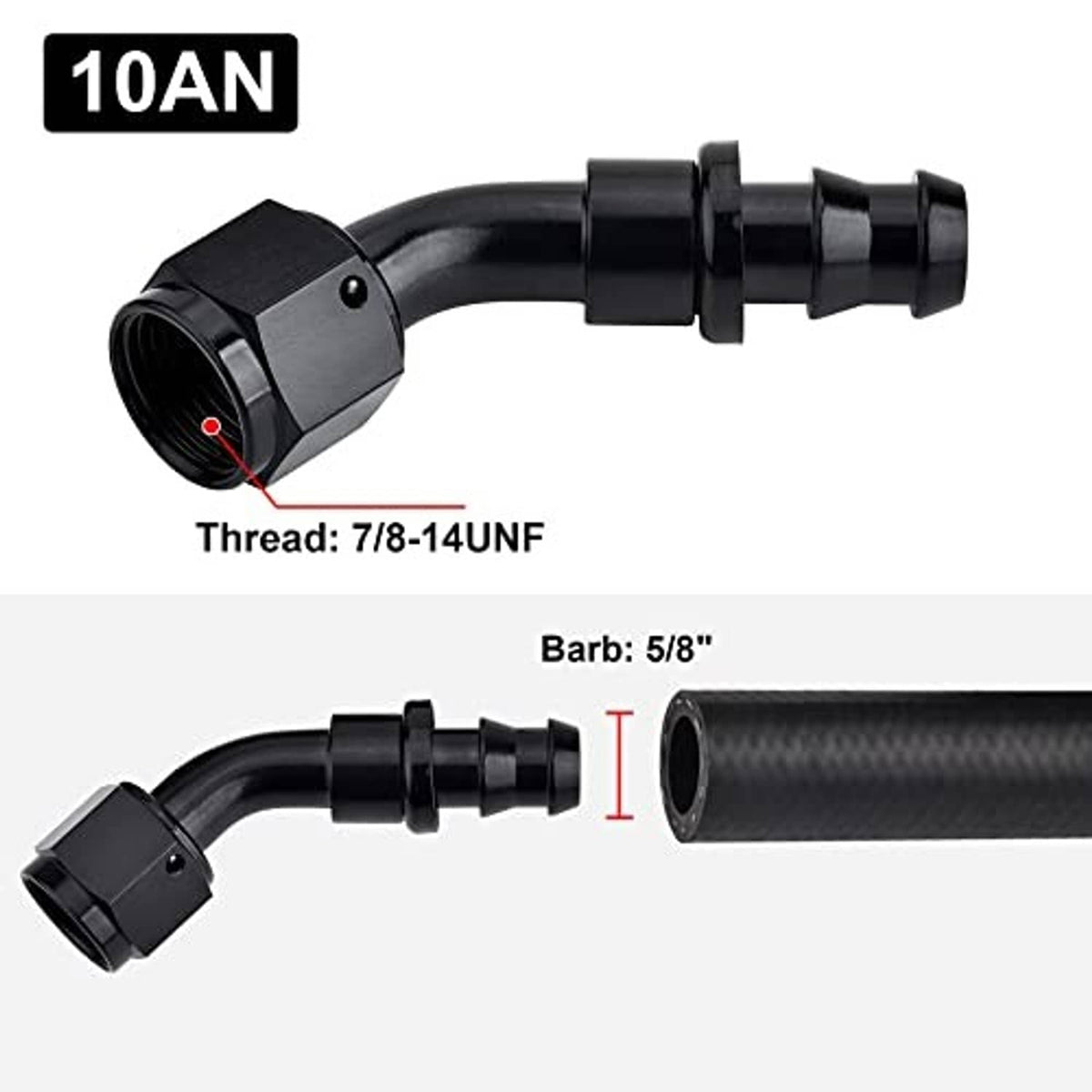 Black 45-degree push-lock fitting, 10AN; 7/8-14UNF thread; 5/8 in barbed end
