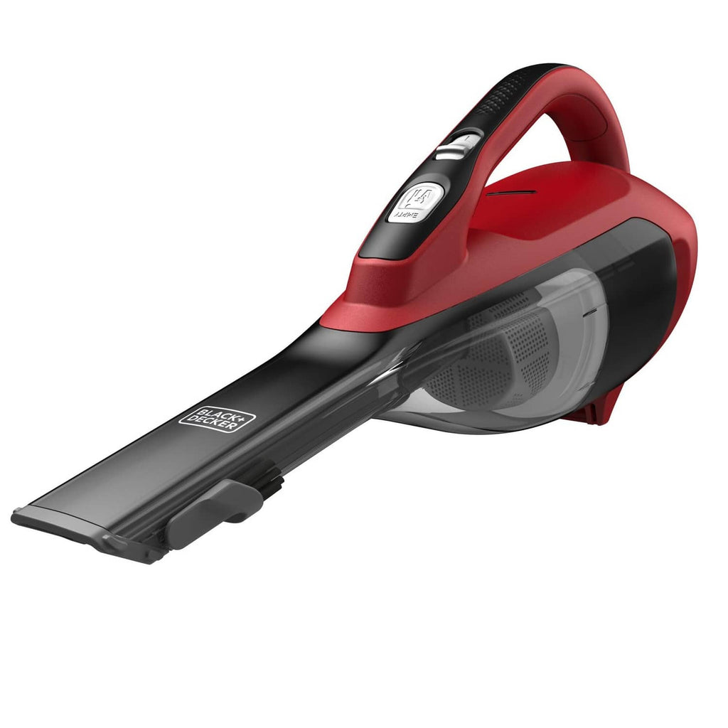 Cordless handheld vacuum in red and black with flip-up brush and clear dust container